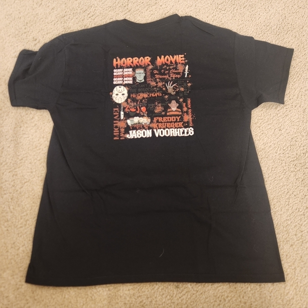 Gildan Unisex Black Short Sleeve Crew Neck Horror Halloween T Shirt Size L #E120